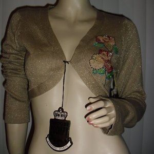 Zoompy Paris,cropped shrug,beige tan,floral trim,light glitter,cardigan,BrandNew